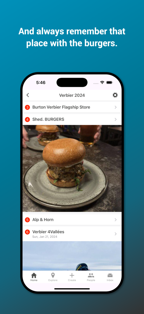 Pantalla de la aplicación Tripline que muestra un itinerario de viaje para Verbier con una foto de una hamburguesa de un restaurante