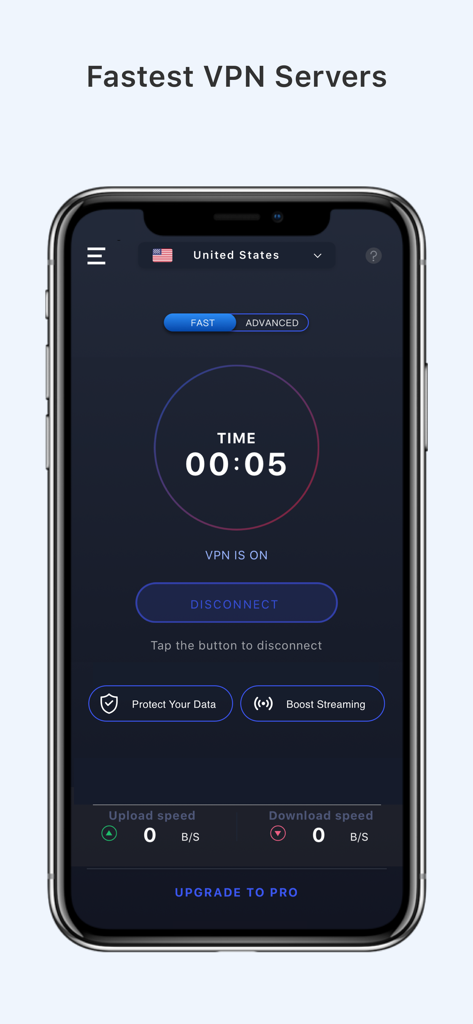 User interface of Hotspot VPN app showing an active secure connection to a United States server