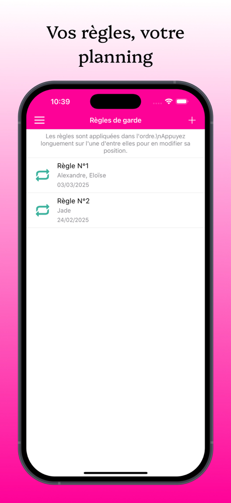 KidCal: Co-Parent Calendar App - KidCal app screen showing a list of customized custody rules for co-parenting schedules