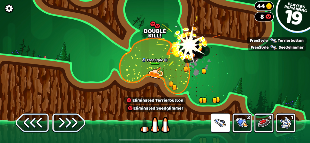 Rocket Bot Royale - A 2D side-scrolling tank battle in Rocket Bot Royale showing an explosion and a double kill notification on screen.