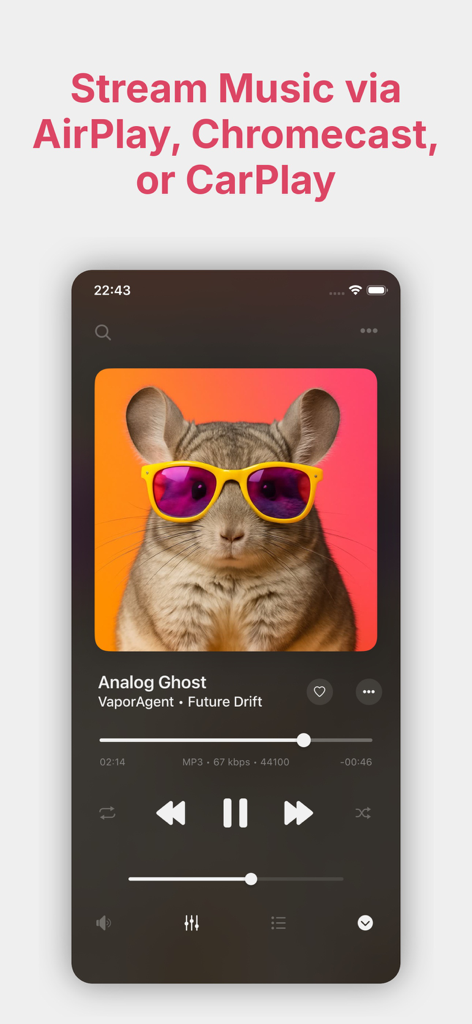 Evermusic Pro: music player - Interfaz del reproductor de música Evermusic Pro mostrando opciones de streaming para AirPlay, Chromecast y CarPlay