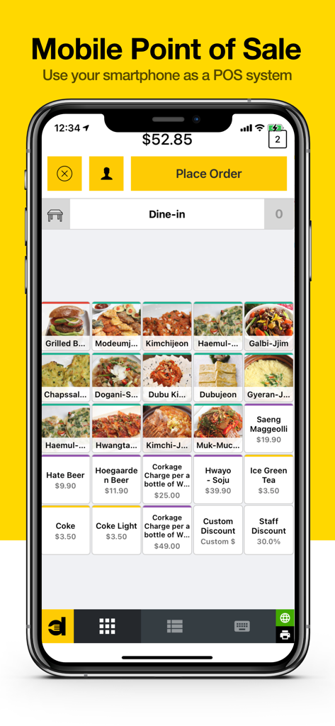 Dinlr Waiter: Restaurant POS - Dinlr Waiter mobile POS interface showing restaurant menu items and order placement screen on a smartphone