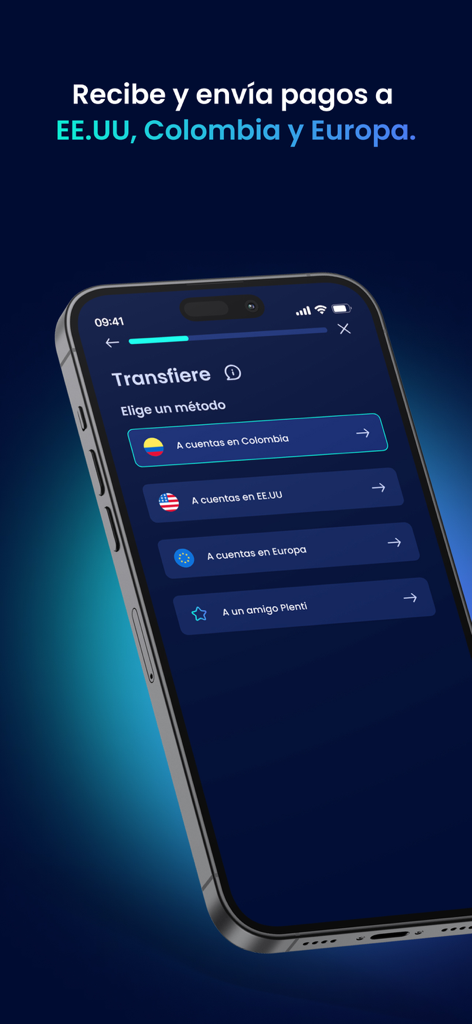 Plenti app interface showing money transfer options to Colombia, the USA, and Europe