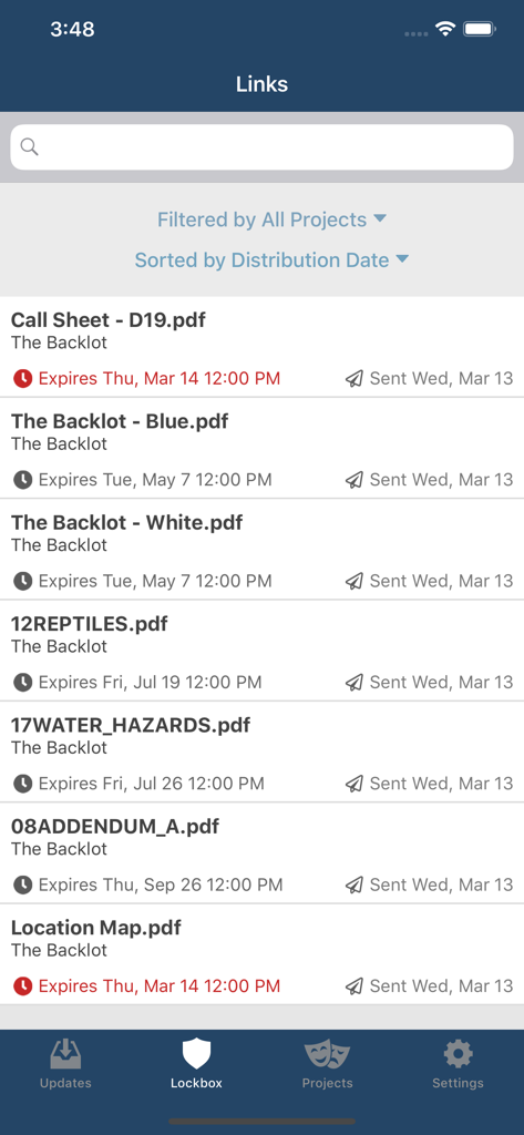 scenechronize - The Scenechronize app interface showing a list of project documents including call sheets and script revisions with their expiration dates.