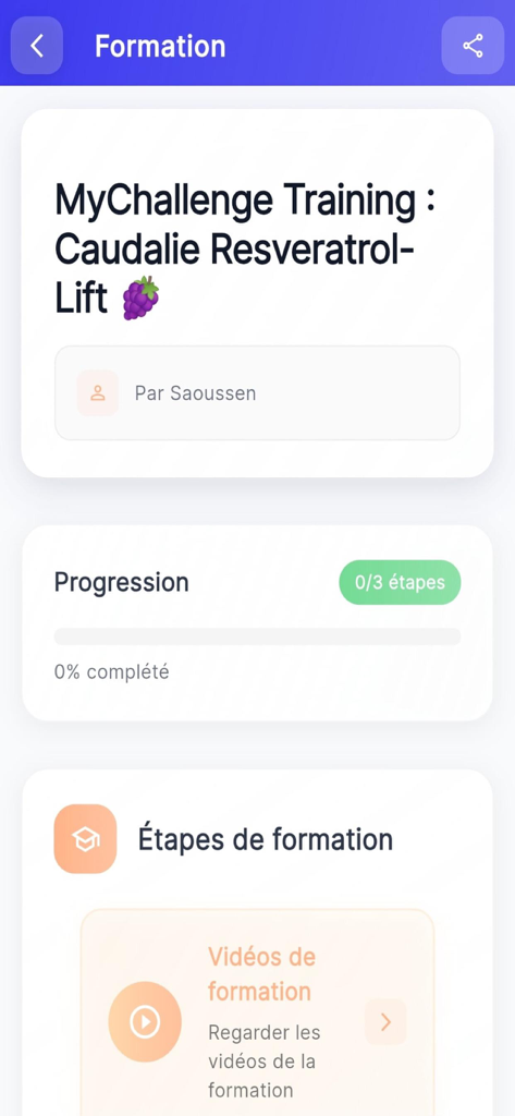 Novopharma MyChallenge - Novopharma MyChallenge training interface showing progression for Caudalie Resveratrol-Lift module with video lessons.
