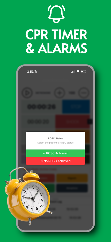 CPR 타이머와 ROSC 상태 선택 팝업을 보여주는 Code Runner Pro 앱 인터페이스.