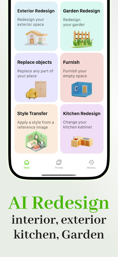 Home AI Interior Design - Homi - Homi app menu featuring AI tools for interior, exterior, kitchen, and garden redesign.