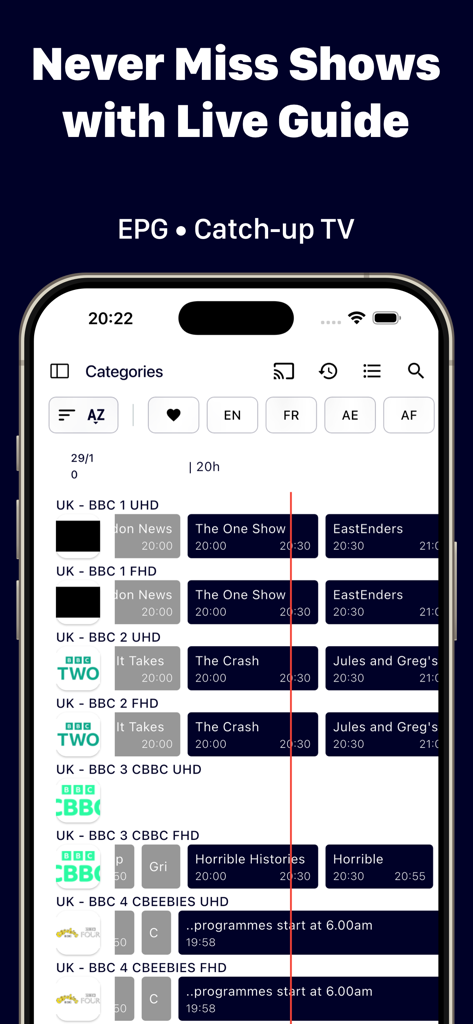 Live TV guide and EPG grid view in IPTV One Player app