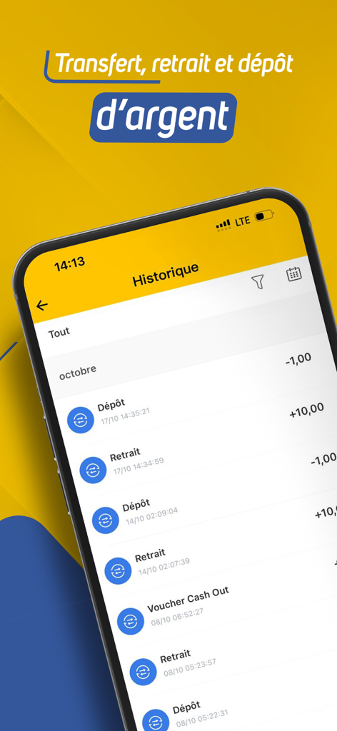 Moov Money Agent - Interface do aplicativo Moov Money Agent mostrando uma lista de transações recentes de depósito e saque