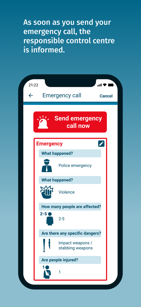 nora - Emergency Call App - A summary screen of the nora emergency call app showing details of a reported incident and a red button to send the call.