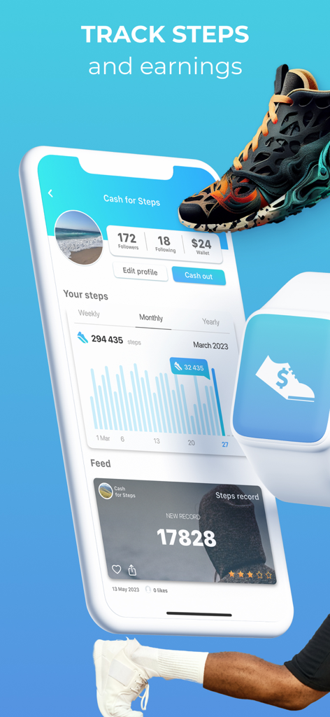 Cash for Steps: Make Money - Interfaz de la aplicación Dinero por Pasos en un iPhone y Apple Watch mostrando seguimiento de actividad física y recompensas monetarias.