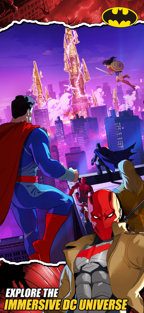 DC: Dark Legion™ - Superhéroes de DC, incluidos Superman y Batman, contemplando el horizonte de una ciudad futurista en DC Dark Legion