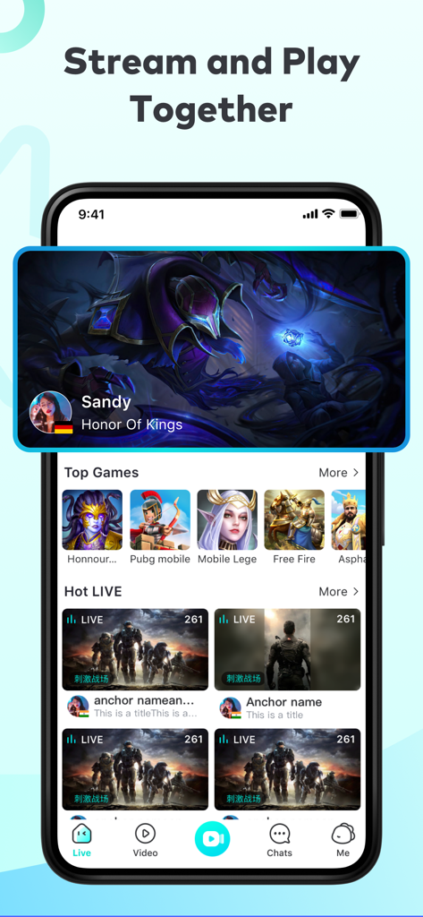 BIGO LIVE app interface displaying a live stream of Honor of Kings and a selection of top mobile games for streaming.