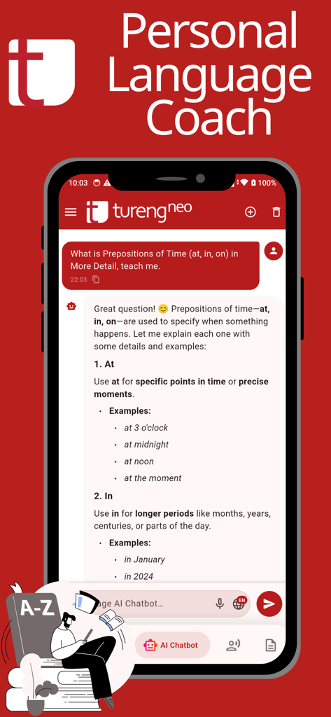 Tureng Neo - Screenshot of Tureng Neo app showing a chat interface with an AI personal language coach explaining English prepositions of time with examples.