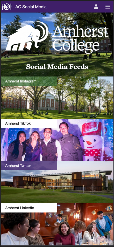 Mammoth Mobile - 매머드 모바일 앱의 소셜 미디어 피드 화면으로, 앰허스트 인스타그램, 틱톡, 트위터, 링크드인 링크가 표시됩니다.