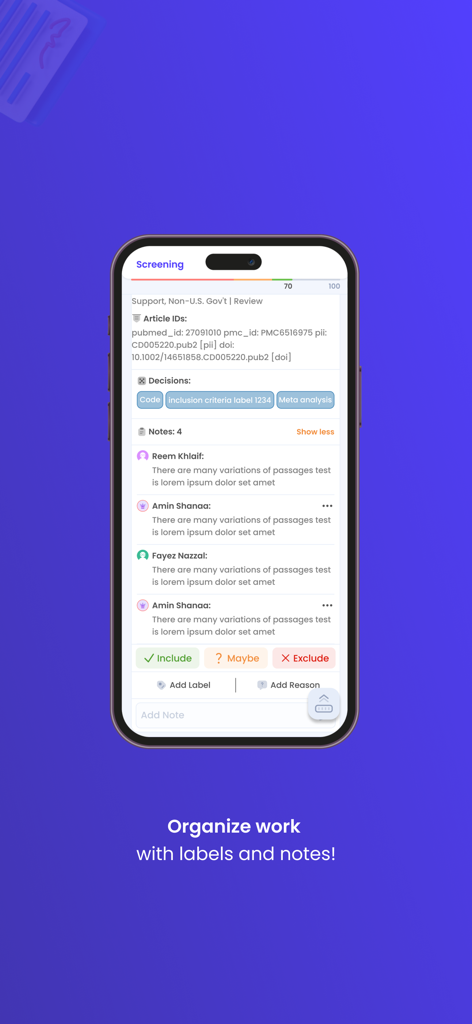 Screening interface of the Rayyan app showing collaboration notes and article organization labels