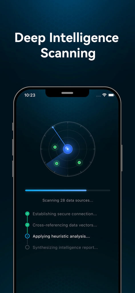 Interface of PrimeSearch app showing the deep intelligence scanning screen with a radar animation and progress status