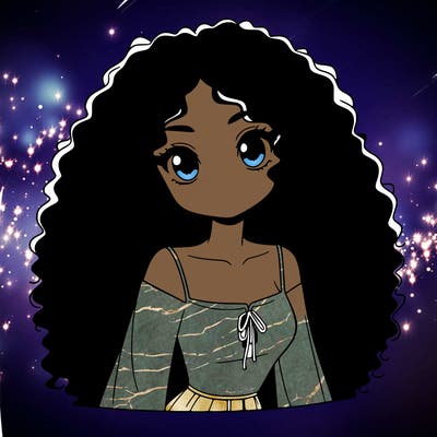 a black anime girl with long afro hair