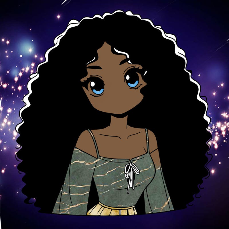 a black anime girl with long afro hair