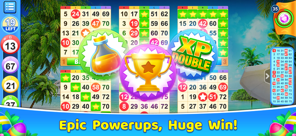 Bingo 365 - 2026 Bingo Games - Bingo 365 Gameplay, das sechs Karten und epische Power-Up-Symbole auf einem tropischen Hintergrund zeigt
