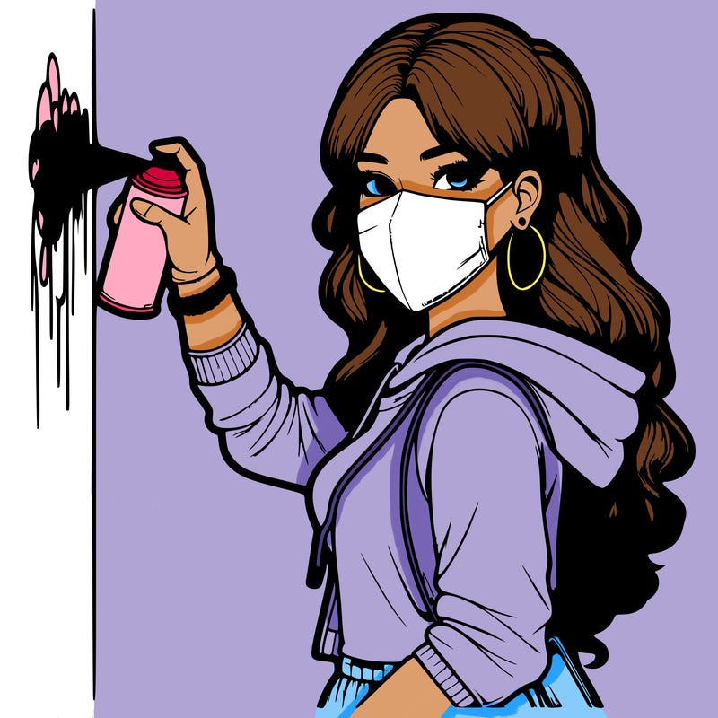 realistic girl with mask spray painting a wall