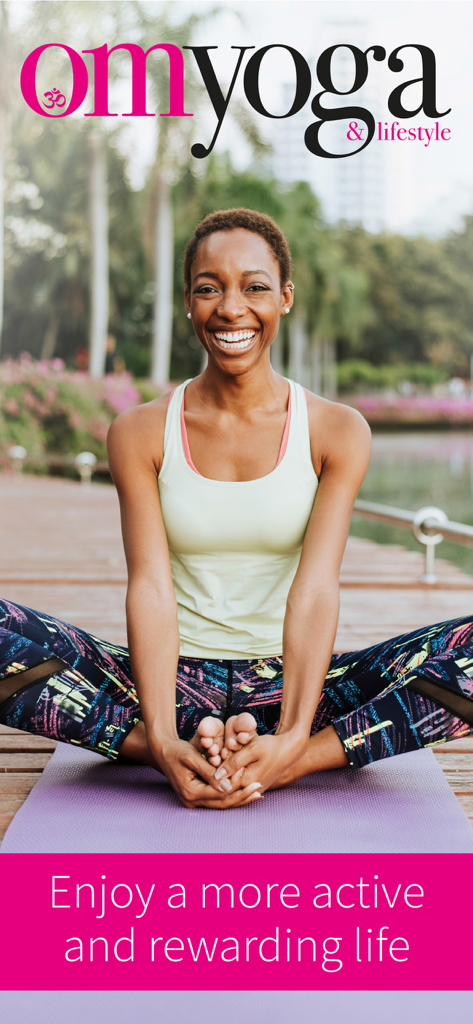 OM Yoga Magazine - A smiling woman practicing yoga in a butterfly pose on a purple mat outdoors