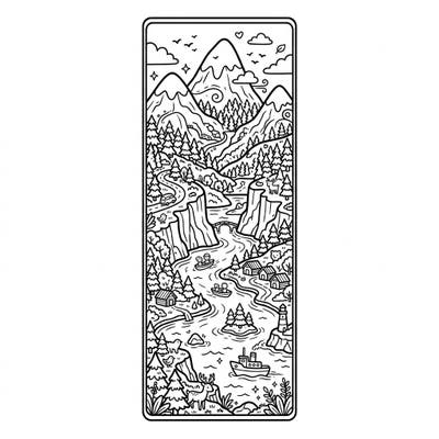 Embark on an adorable journey through a Kawaii fjord landscape with this delightful bookmark coloring page. Featuring cute mountains, winding rivers, and tiny houses, it's perfect for a quick and charming creative escape.