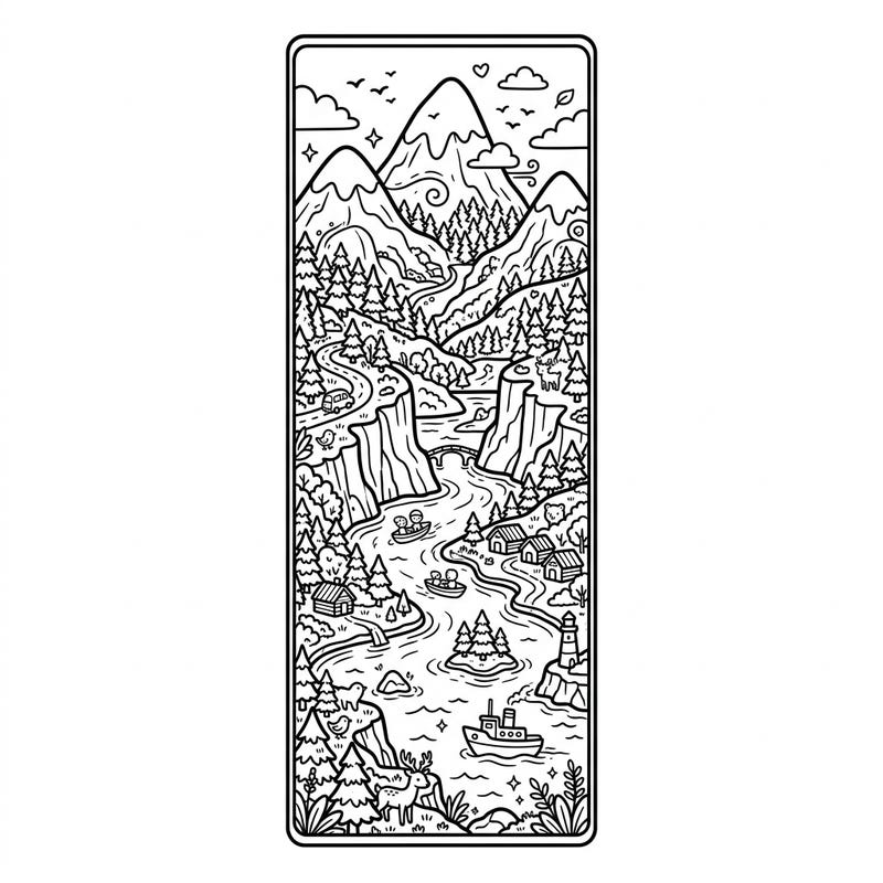 Embark on an adorable journey through a Kawaii fjord landscape with this delightful bookmark coloring page. Featuring cute mountains, winding rivers, and tiny houses, it's perfect for a quick and charming creative escape.