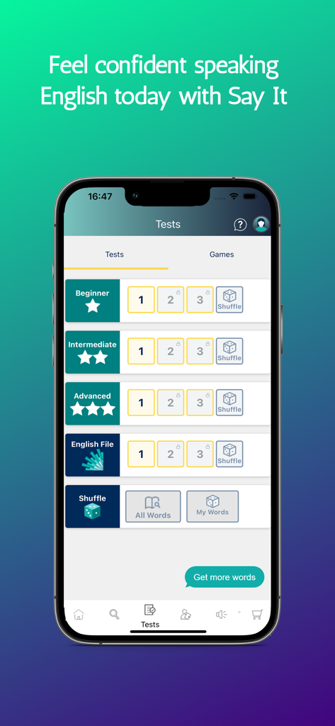 Say It: English Pronunciation - Interfaccia dell'app Say It che mostra vari livelli di test di pronuncia inglese