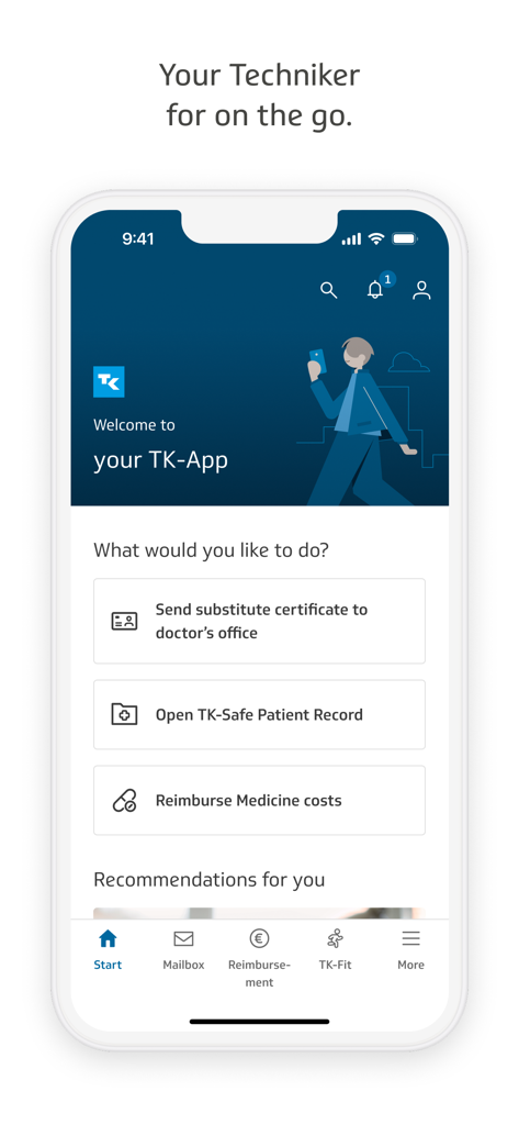 A tela inicial do TK-App exibindo recursos de gestão de seguro de saúde digital e botões de acesso rápido.