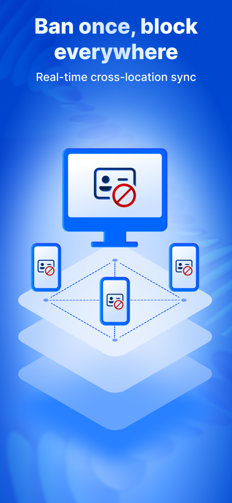 Graphic showing the VeriScan app real-time cross-location sync feature to ban individuals across multiple devices simultaneously