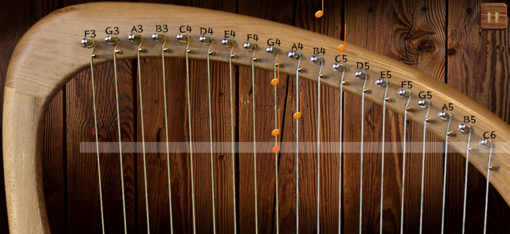 Lyre Harp Real - Virtual 19-string lyre harp interface with falling music notes for song practice on a wooden background
