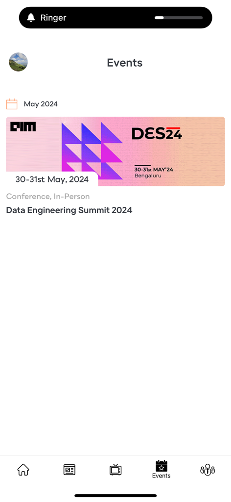 Analytics India Magazine - Tela de Eventos do aplicativo Analytics India Magazine mostrando o banner do Data Engineering Summit 2024.