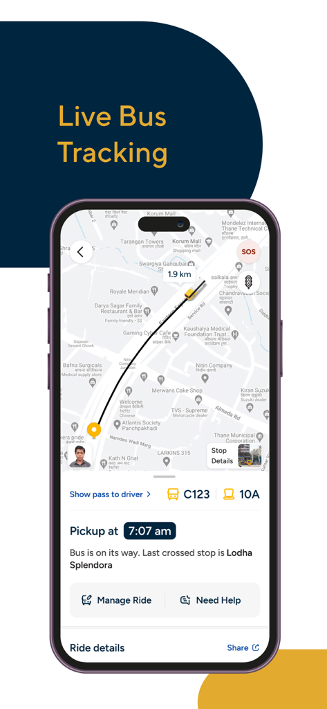 Cityflo - Premium office rides - Ecrã da aplicação móvel Cityflo a mostrar a localização do autocarro em tempo real num mapa com a hora de recolha e o número do lugar.