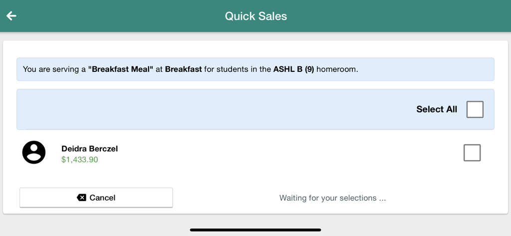 ExpressPoint mobile POS quick sales screen showing student meal selection for school breakfast service