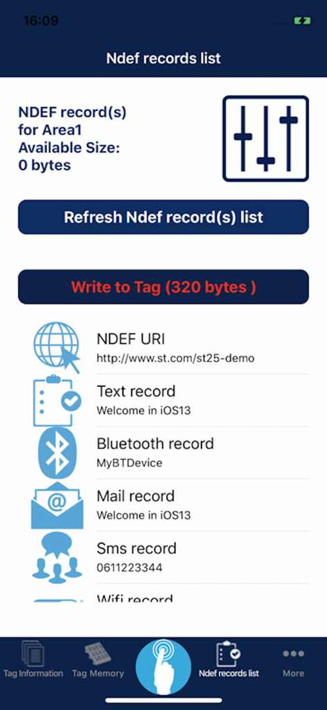 NFC Tap - NFC Tap app displaying various NDEF record types for tags