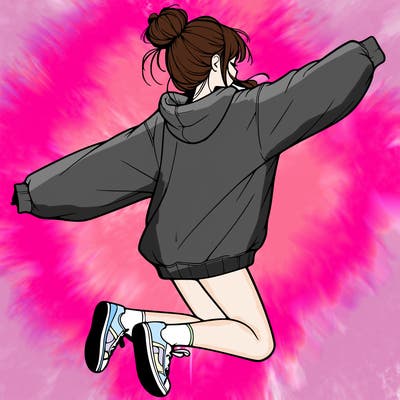 realistic girl jumping with a bun and oversized sweatshirt