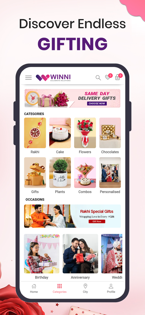 Homepage of the Winni app showing gift categories for cakes flowers and Rakhi delivery