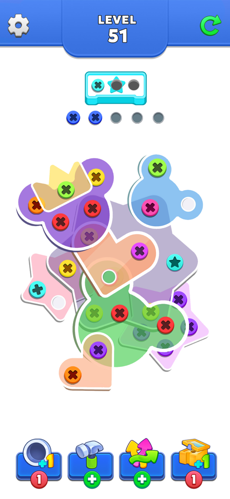 Level 51 of Unscrew Puzzle Pin Jam featuring colorful glass shapes and bolts to unscrew and sort
