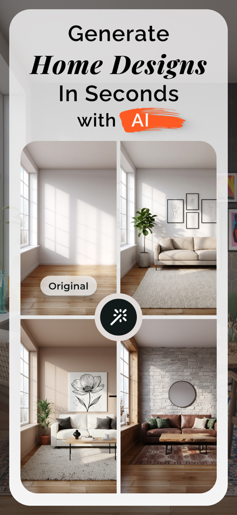 AI home design app showing original room and three different remodeled styles