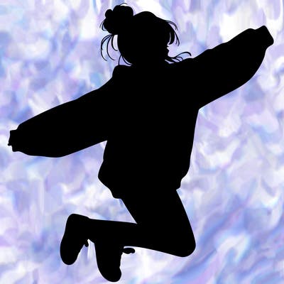 realistic girl jumping with a bun and oversized sweatshirt