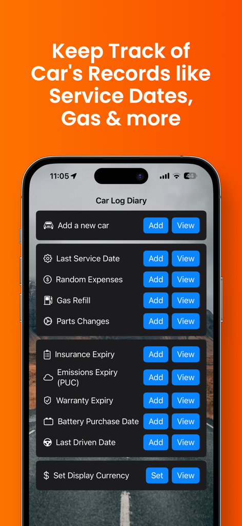 Car Log Diary app dashboard showing maintenance logs service dates and expense tracking