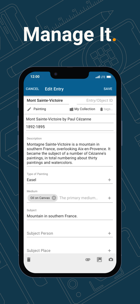CatalogIt: Manage Collections - CatalogIt app screenshot showing a professional edit entry screen for a fine art painting including fields for description medium and subject