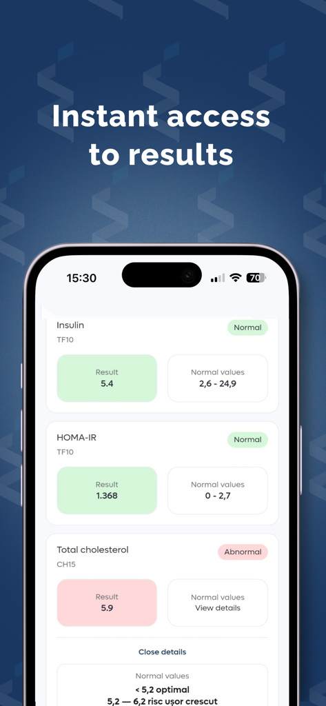 InvitroZen - Una interfaz móvil que muestra los resultados de laboratorio médicos de insulina y colesterol en la aplicación InvitroZen