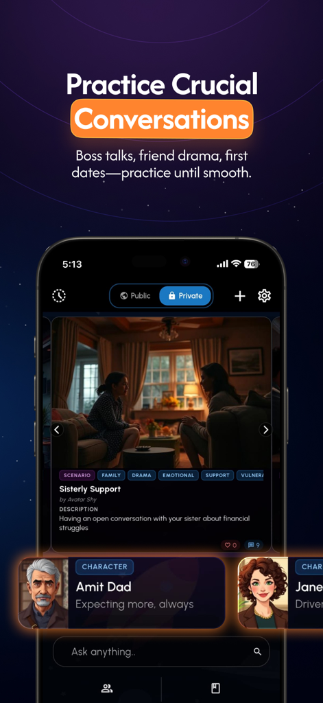 Voidspace AI - Voidspace AI app screen showing a feature to practice crucial conversations with AI characters and avatars