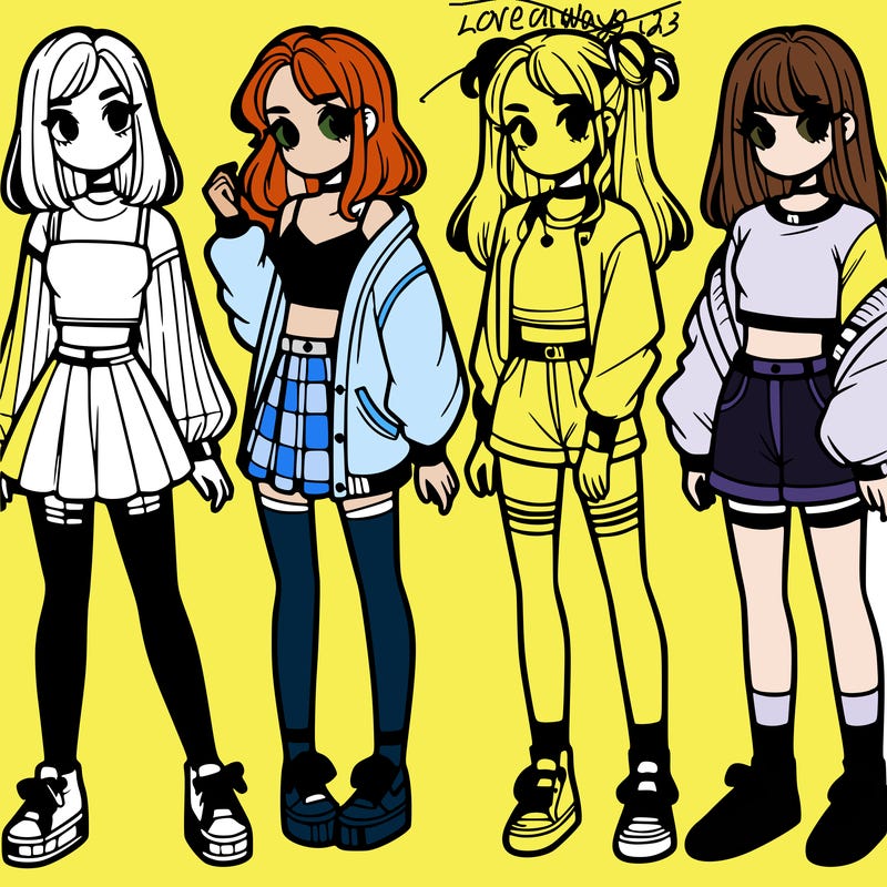 one girl with crop-top shirt and a jacket with a skirt, long socks and another girl with a shirt and pants with a jacket