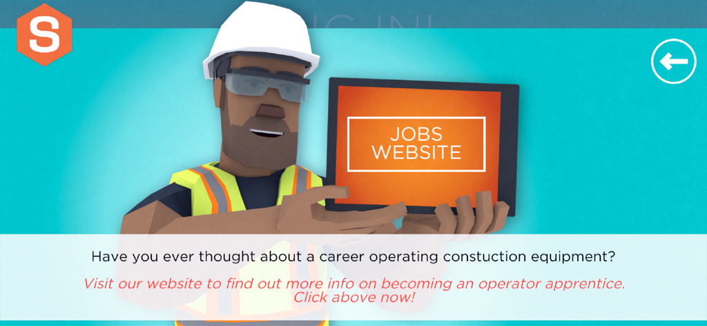 An animated construction worker holding a tablet that says Jobs Website with a call to action to learn about becoming an operator apprentice