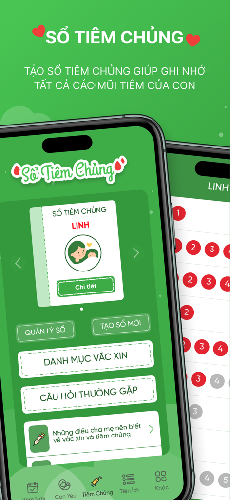 Vaccination record management interface in the Con Yeu app for Vietnamese mothers and babies
