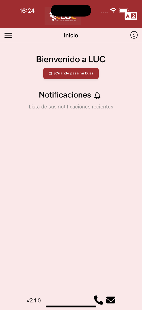 Lineas Urbanas Cuenca - Welcome screen of the Lineas Urbanas Cuenca bus transit app showing the home menu and bus arrival inquiry button