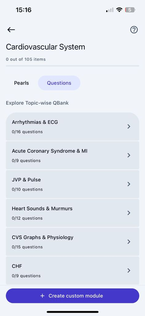 CoreBTR - CoreBTR mobile app screen showing the cardiovascular system topic-wise question bank with categories like Arrhythmias and Heart Sounds.